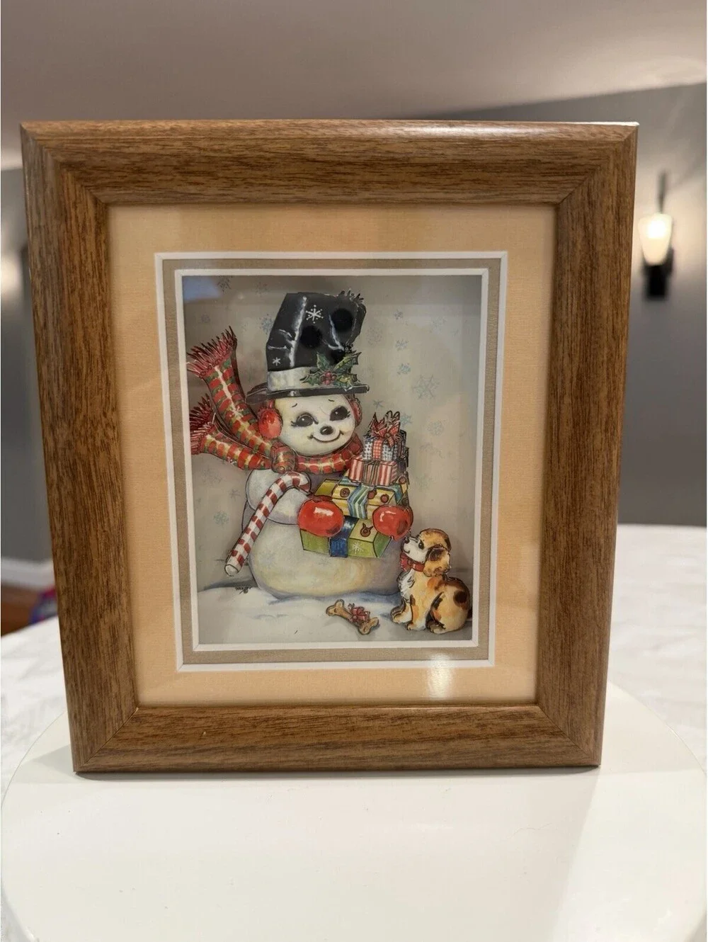 Vtg Christmas 3D Shadowbox Snowman & Puppy Picture Excellent